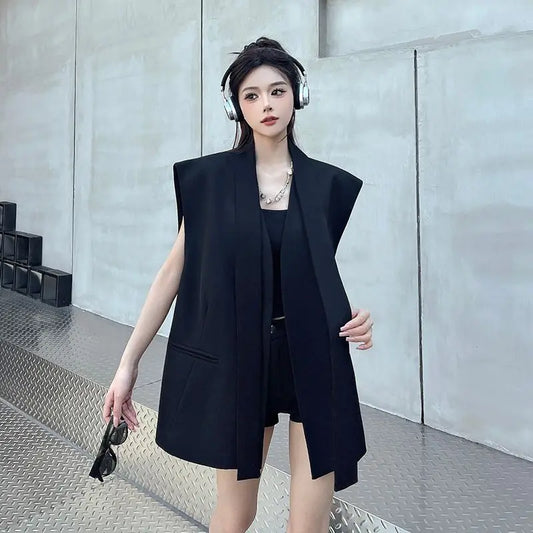 Women Black Blazer Vest Spring Autumn Casual Sleeveless Suits Jacket Female Korean All-Match Blazers Waistcoat Loose Outwear Top