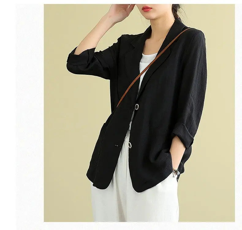 Casual Cotton and Linen Suit Jacket Women 2025 Spring and Summer New Loose solid Long-sleeved Blazer Woman Sunscreen Clothing