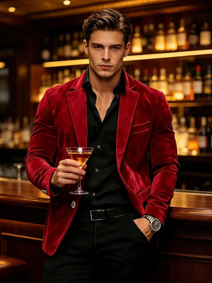 Men Suede Blazer Two Buttons Slim Fit Casual Formal Jacket Wedding Party Dinner Gentleman Sport Coat