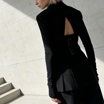 Women Blazer Sexy Hollow Out Backless Waist Cinching Slim Fit Solid Color Urban High-end Trend Jacket Spring Autumn HK21909