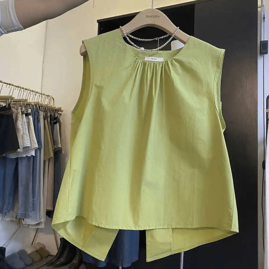 Korean Loose Fit Round Neck Sleeveless Vest 2025 Summer Women's Pure Top Split at Back Shirt