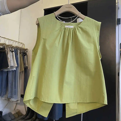 Korean Loose Fit Round Neck Sleeveless Vest 2025 Summer Women's Pure Top Split at Back Shirt