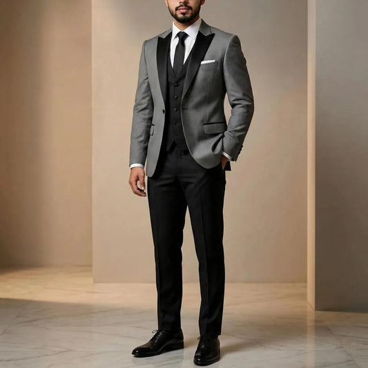 Men Suit White 3 Pieces With Black Lapel Single Button For Wedding Birthday Banquet Party Business Work Office Jacket Vest Pants
