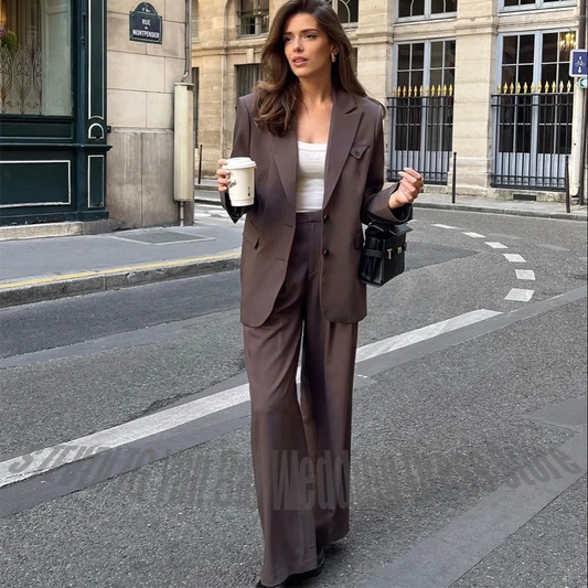 Casual Stylish Women Suit Jacket Pants Two Piece Set Straight Fit Single Breasted Peak Lapel Solid Color Classic Outfit Fashion