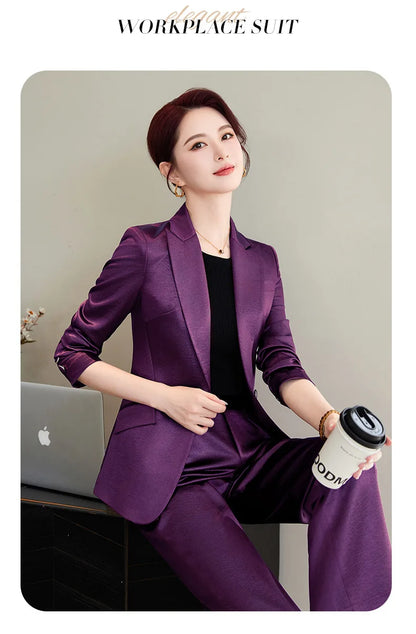 High Quality Women Purplish Red Pant Suit Female Solid Single Button Blazer and Trouser 2 Piece Set For Office Ladies Work Wear
