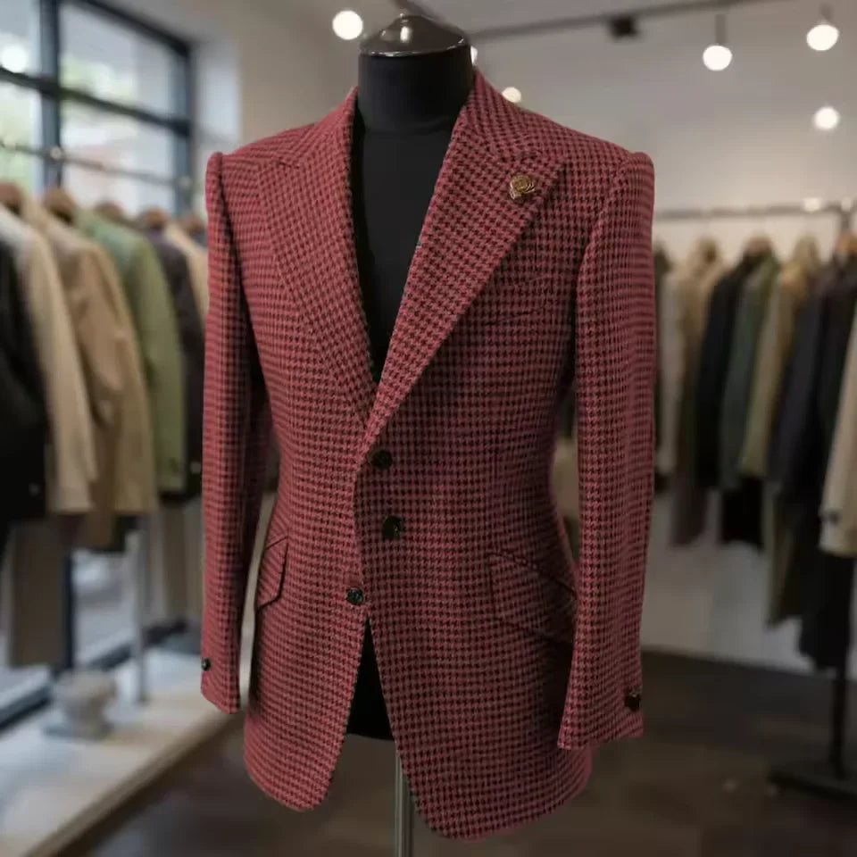 Formal Men's Jacket Houndstooth Woolen Brown Blazer with Peak Lapel Casual Wedding Business Party Coat Autumn Winter Customized