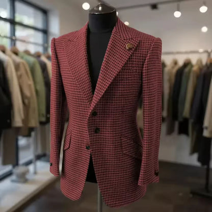 Formal Men's Jacket Houndstooth Woolen Brown Blazer with Peak Lapel Casual Wedding Business Party Coat Autumn Winter Customized