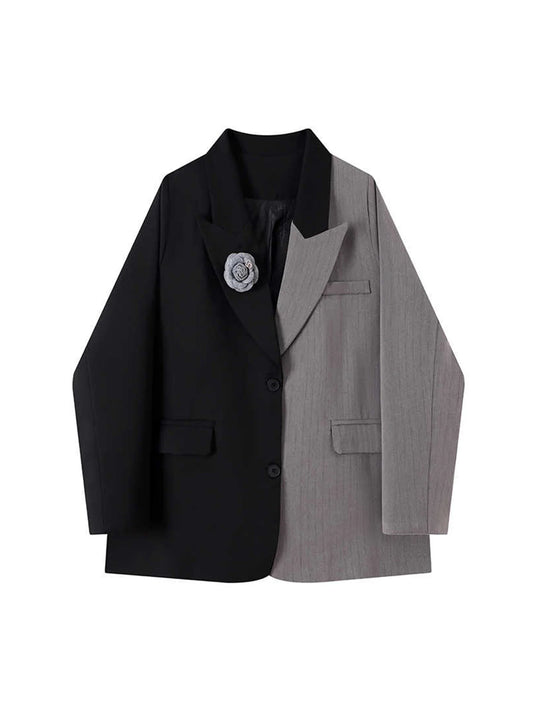 Women Grey Patchwork Blazer Jacket 3D Floral Suit Coat Y2k Harajuku OL Style Loose Long Sleeve Outerwear Vintage Clothes Autumn