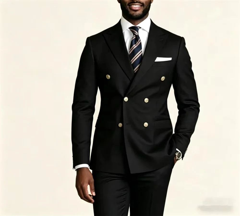 Navy Blue Double-Breasted Suit 2 Pcs Premium Slim Fit Tuxedo Modern Men's Suit Stylish 6-Button Suit Formal Wear