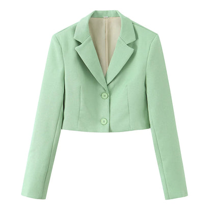 Spring Commuter Style Short Blue Suit Jacket Women's Fashionable Versatile Single Button Flip Collar Top Thin Long Sleeve