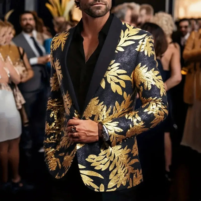 Fashion Gold Black Sequins Blazer For Men Shiny Glitter Sequined Suit Jacket Shawl Collar Wedding Party Banquet Stage Costume