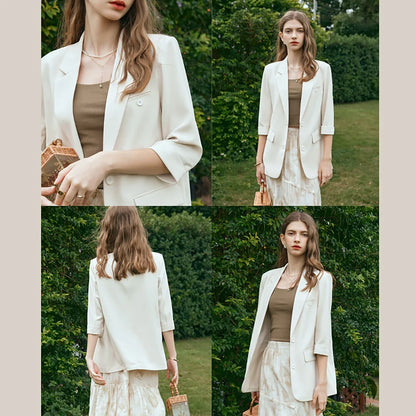 Formal Style Womens Blazers 2026 Spring Office Wear Solid Notched Collar Three Quarter Sleeve Outercoat G24CW89889