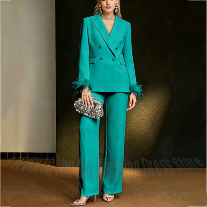 Luxury White Feather Women's Suit Elegant Classic Double Breasted Jacket Pants Formal Evening Party Wedding Guest Outfit