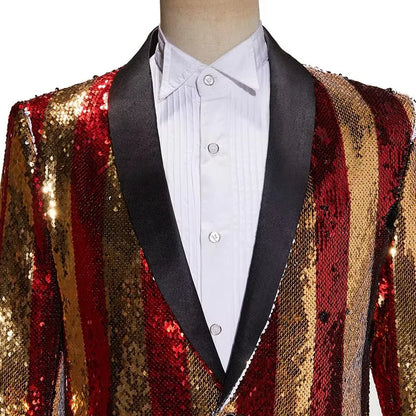 Men's Luxury Sequins Suit Jacket Double Side Stripes Trendy Blazers Banquet Evening Party Singer Host Stage Performance Tuxedo