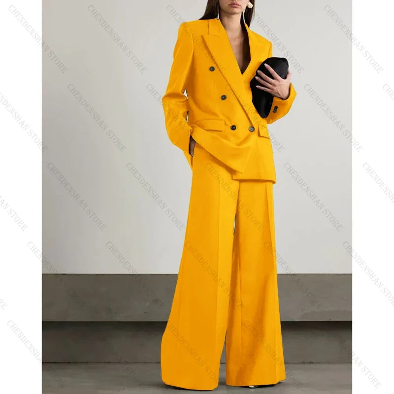 Chic Loose Dark Brown Double Breasted Women Pants Set High-end Female Two Pieces(Jacket+Trousers)أطقم بناطيل