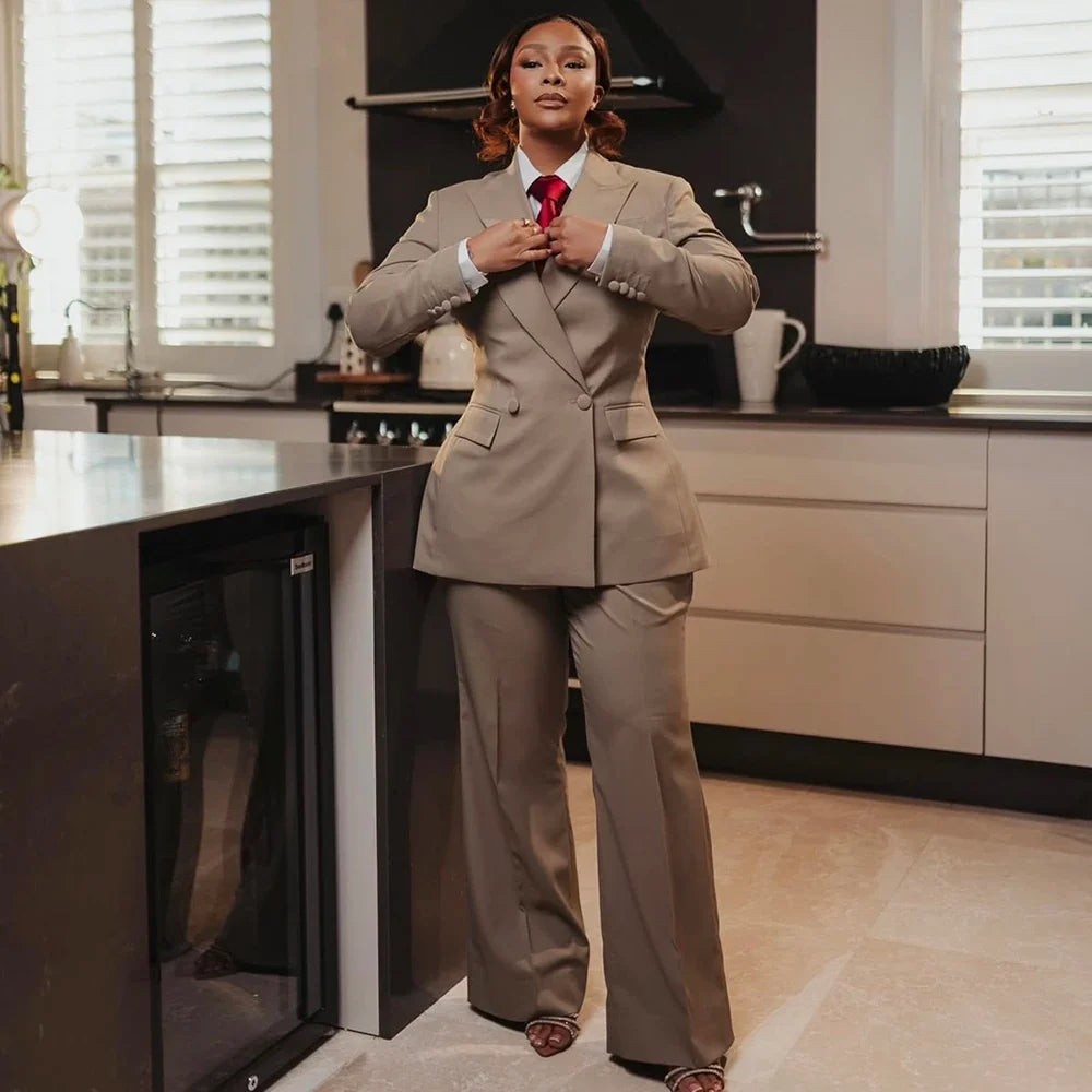Timeless Classic Women Khaki Double Breasted Suit Set Office Business Powerful Jacket Pants Formal Evening Party Female Outfit