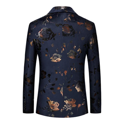 Men's Double Breasted Blazer Handsome Trend Casual Wedding Business Fashion High Quality Flowers Costume Homme De Luxe