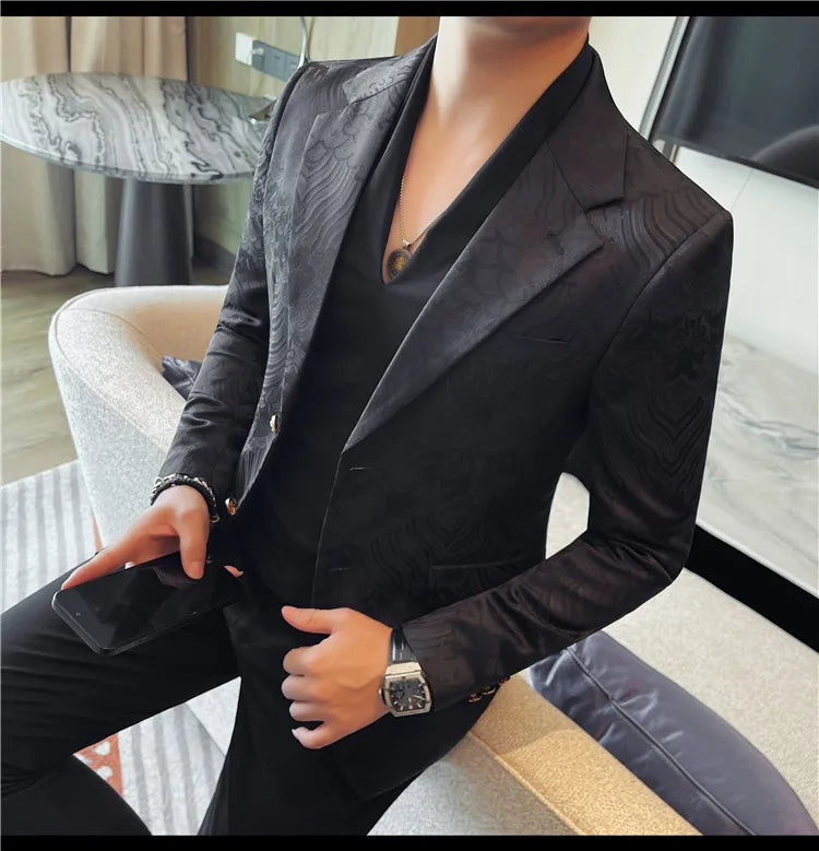 Luxury Jacquard Casual Suit Jacket for Men Autumn Korean Fashion Business Social Blazers Handsome Office Wedding Dress Jacket