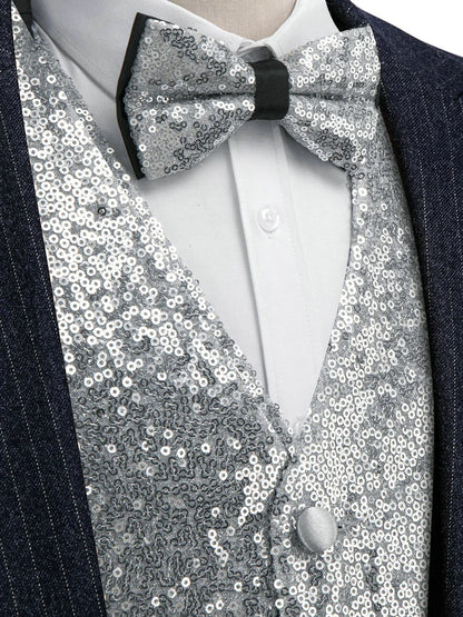 Men's Glitter Vest and Bow Tie Set – Slim Fit Formal Waistcoat for Weddings, Prom and Evening Occasions