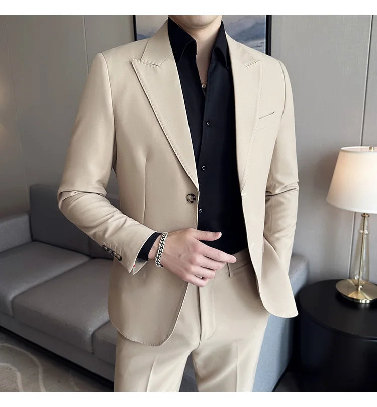 Jacket + Pants 2 Pieces Men's Elegant Fashion Slim Fit Suits Formal Business Wedding Tuxedos Casual Gentleman Solid Dress Suit