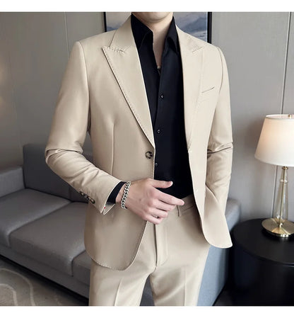 Jacket + Pants 2 Pieces Men's Elegant Fashion Slim Fit Suits Formal Business Wedding Tuxedos Casual Gentleman Solid Dress Suit
