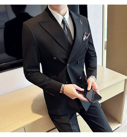 (Jackets +Pants ) Men's Suits 2 Piece High-Quality Double Breasted Lapel Solid Business Groom Wedding Tuxedo Banquet Clothing