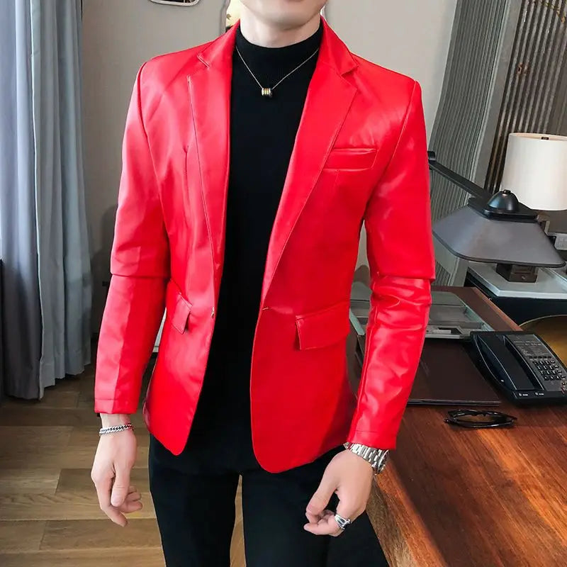 Thin Leather Man Suits and Blazers Simple Breasted Clothing Handsome Classic Menswear High Quality Coats Casual Jacket for Men