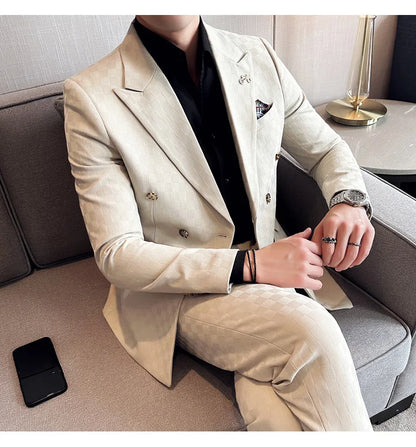 (Jacket+Pants)Luxury Checkered Double Breasted Suit  2 Pieces Fashion Business Slim Fit Social   Formal Suit Evening Dress 5XL-M