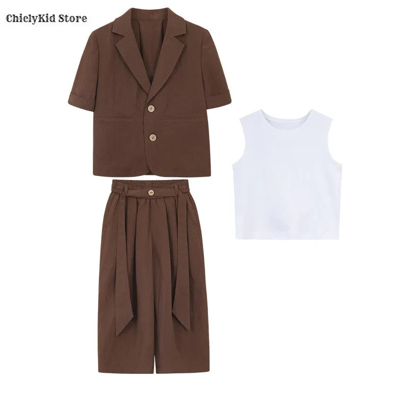 Boys Solid Short Sleeves Blazer Jack Vest Pants Children Suit Waistcoat Wedding Clothes Sets Toddler Formal Dress Kids Tuxedos