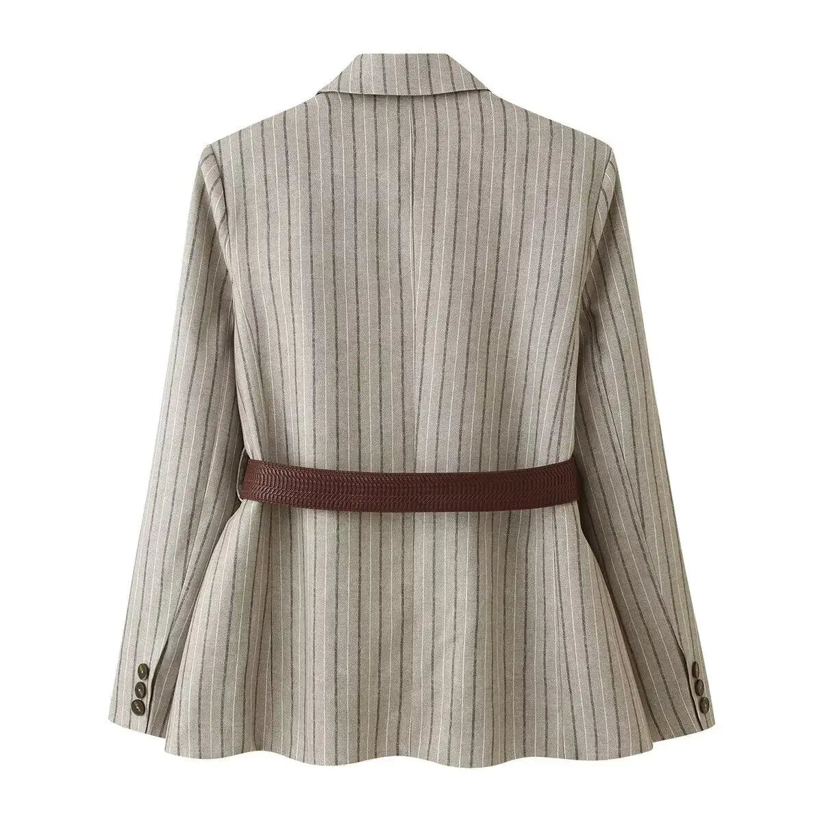 Women Khaki Striped Blazer Jacket Y2k 2000s Vintage Suit Coat European & American Elegant Fashion Belted Twill Blazer Outerwear