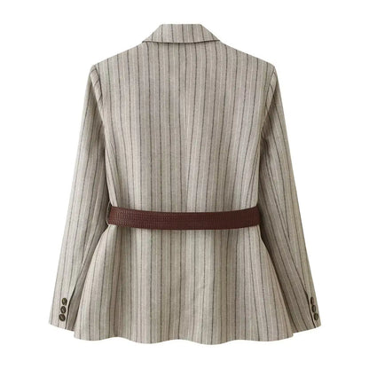 Women Khaki Striped Blazer Jacket Y2k 2000s Vintage Suit Coat European & American Elegant Fashion Belted Twill Blazer Outerwear