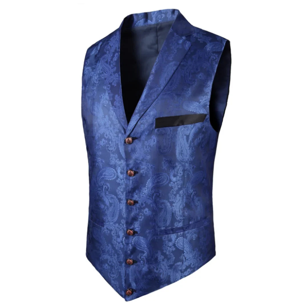 Men's Vest Blue Retro Jacquard Pattern Single Button V-Neck Waistcoat for Wedding & Formal Occasions