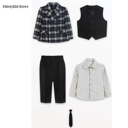 Boys British Double Breasted Blazer Jacket Pants Children Suit Waistcoat Wedding Clothes Sets Toddler Formal Dress Kids Tuxedos