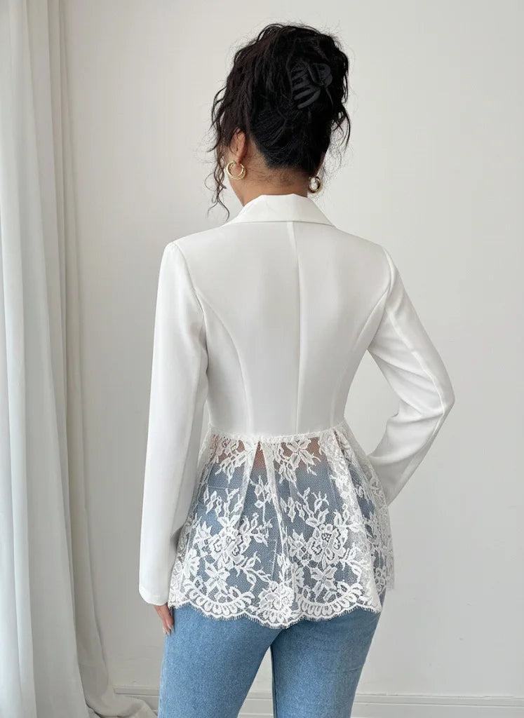 Elegant Style Women's Suit Jacket A-Line Silhouette Lace Waist Color Block Autumn New Arrival Fashion Outerwear