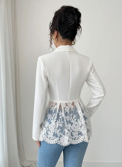 Elegant Style Women's Suit Jacket A-Line Silhouette Lace Waist Color Block Autumn New Arrival Fashion Outerwear