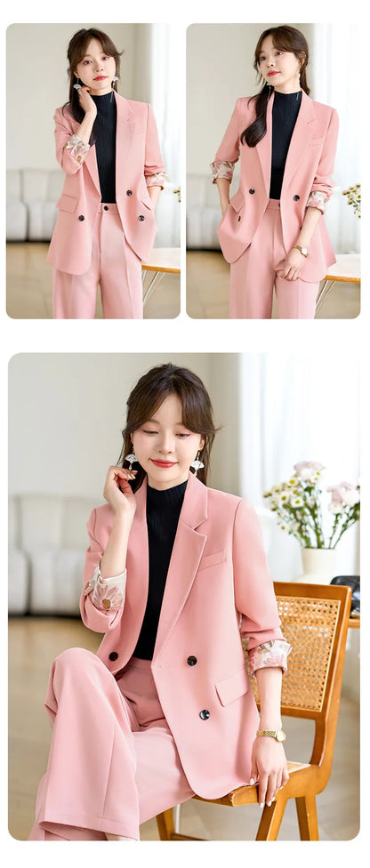Fashion Elegant Solid Women Blazer Pantsuit Casual Vintage Chic Suit Jackets Wide Leg Pants 2 Pieces Set Female Outfits