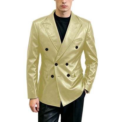 Vintage Men's Brown Leather Blazer Double Breasted Peak Lapel Slim Fit Suit Jacket High Quality Fashion Sport Coat Business Casu