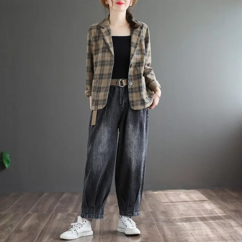 Fashion Chic Cotton Plaid Blazer Female Spring and Autumn New Literary Retro Elegant Commuter Small Incense Wind Jacket Women
