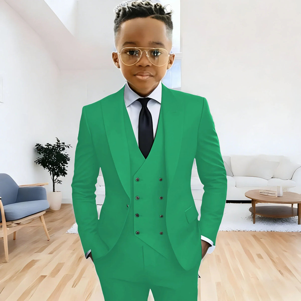 Dark Green boy's suit 3-piece jacket vest pants Peaked lapel slim fit attire for wedding prom dinner party custom kids tuxedo