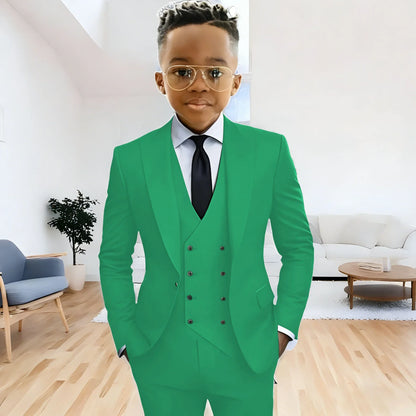 Dark Green boy's suit 3-piece jacket vest pants Peaked lapel slim fit attire for wedding prom dinner party custom kids tuxedo