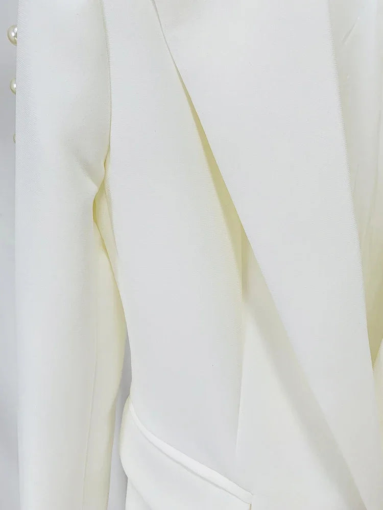 Fashion White Women Pants Sets Elegant Pearls Single Button Peak Lapel 2 Piece Chic Party Formal Solid Suits (Blazer+Pants)