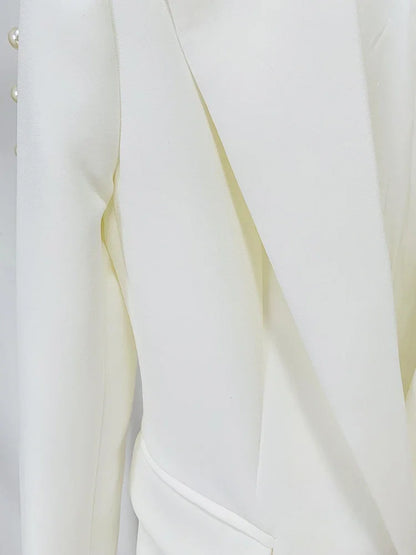 Fashion White Women Pants Sets Elegant Pearls Single Button Peak Lapel 2 Piece Chic Party Formal Solid Suits (Blazer+Pants)