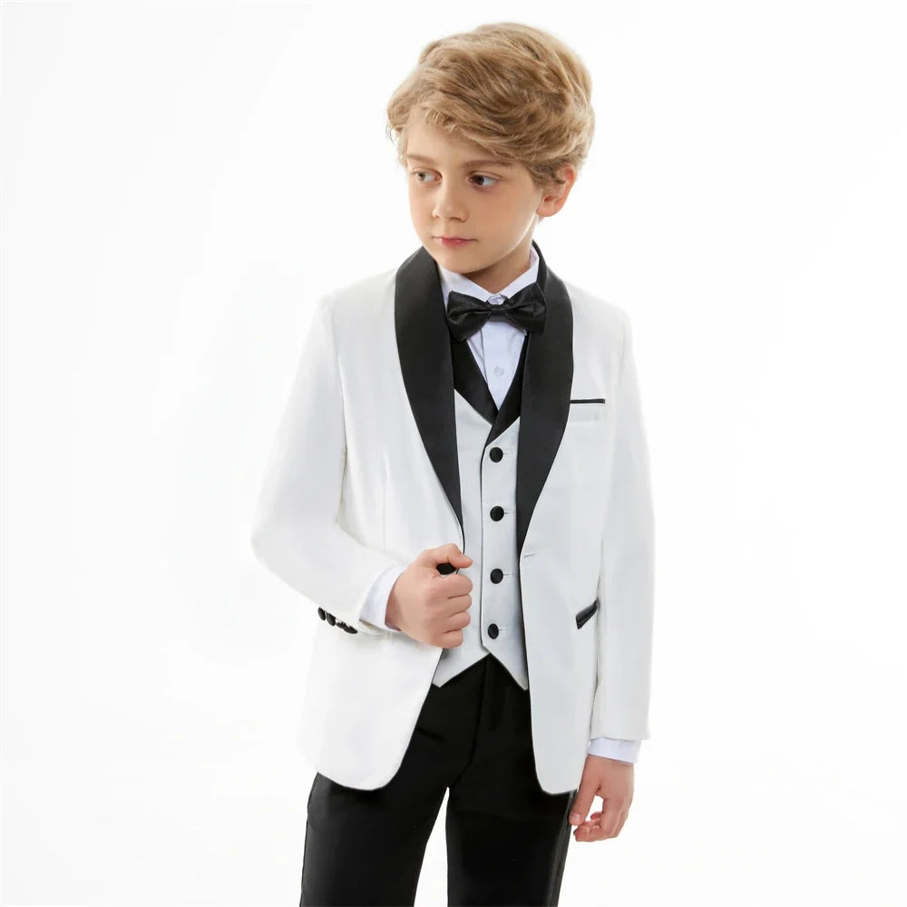 Boys Tuxedo Suit 5-Piece Set Kids Formal Outfit White for Wedding Birthday Piano Party