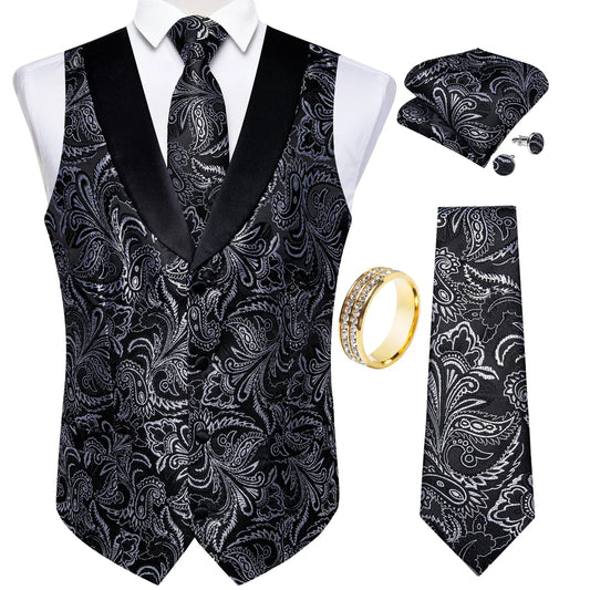 Men's Vest 5-Piece Set with Paisley Satin Lapel, Necktie, Pocket Square, Cufflinks & Rhinestone Ring – Black Silver for Wedding & Gala