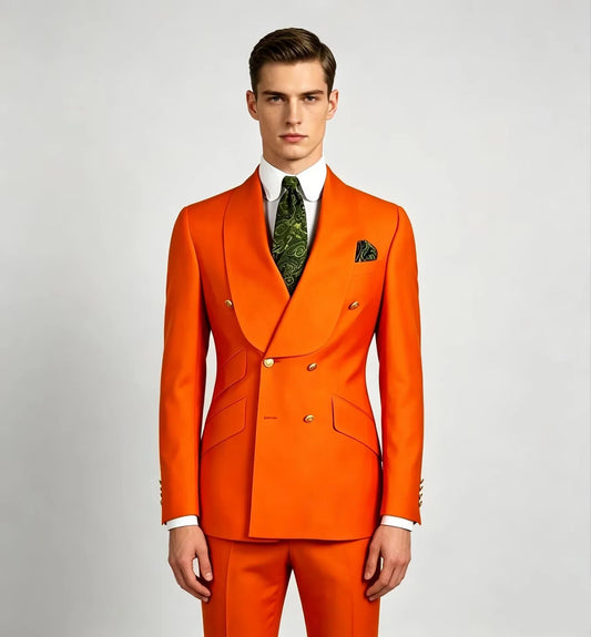 Smart Casual Solid 2 PCS Men Suits Formal Groom Tuxedos Shawl Lapel Double Breasted Jacket Pants Suits Set for Business/Wedding
