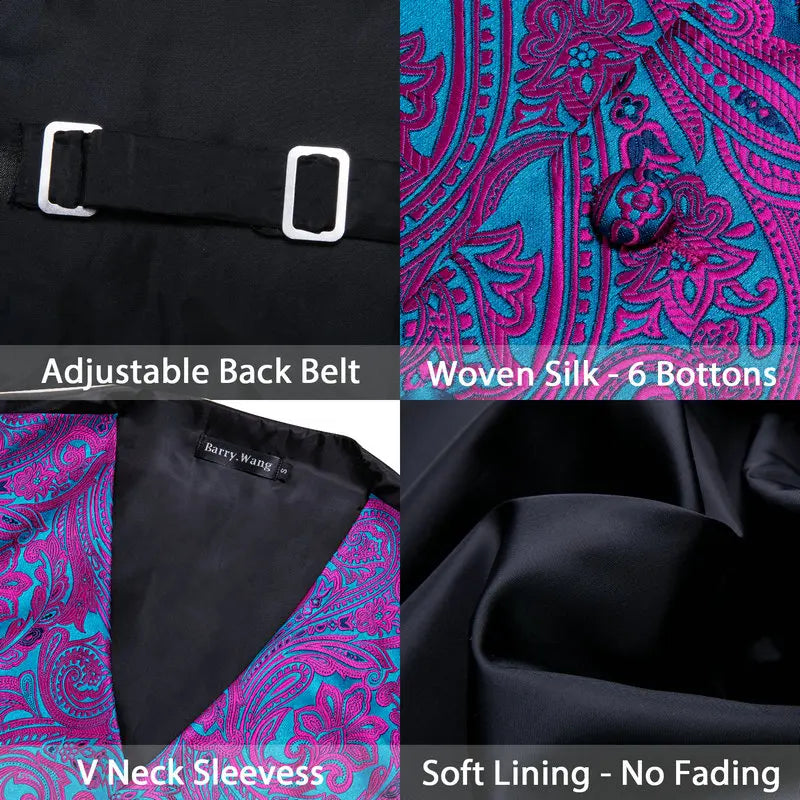 Men's Vest Embroidered Paisley Floral Waistcoat for Formal and Casual Wear — Green, Blue, Silver, Gray, Gold, Pink