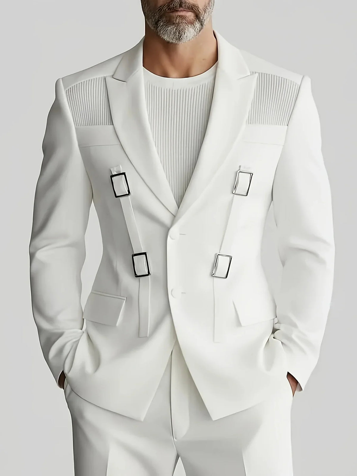 Men's Fashion Solid Cutout Peak Lapel Buckle Straps Single Breasted Long Sleeve Blazer