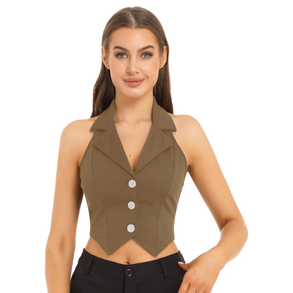 Elegant Women's Sleeveless Suits Waistcoat Halter Vests for Business Commuting Formal Clothes Mujer OL Office Ladies Crop Top