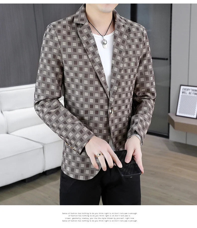 2026 Spring Autumn Men's Suit Jacket Korean Checkered Suit Jackets Slim Fit Fashion Casual Business Formal Blazers Costume Homme