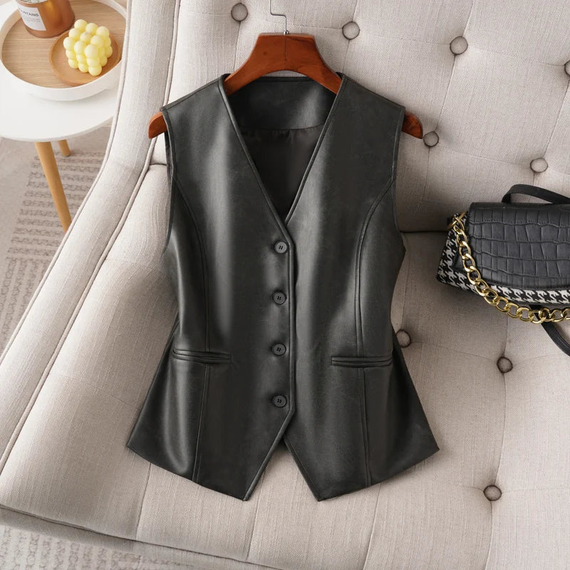 Single-Breasted V-Neck Leather Vest for Women, Spring and Autumn Fashion, Short Pu Leather Vest for Commuting, Outerwear or Innerwear